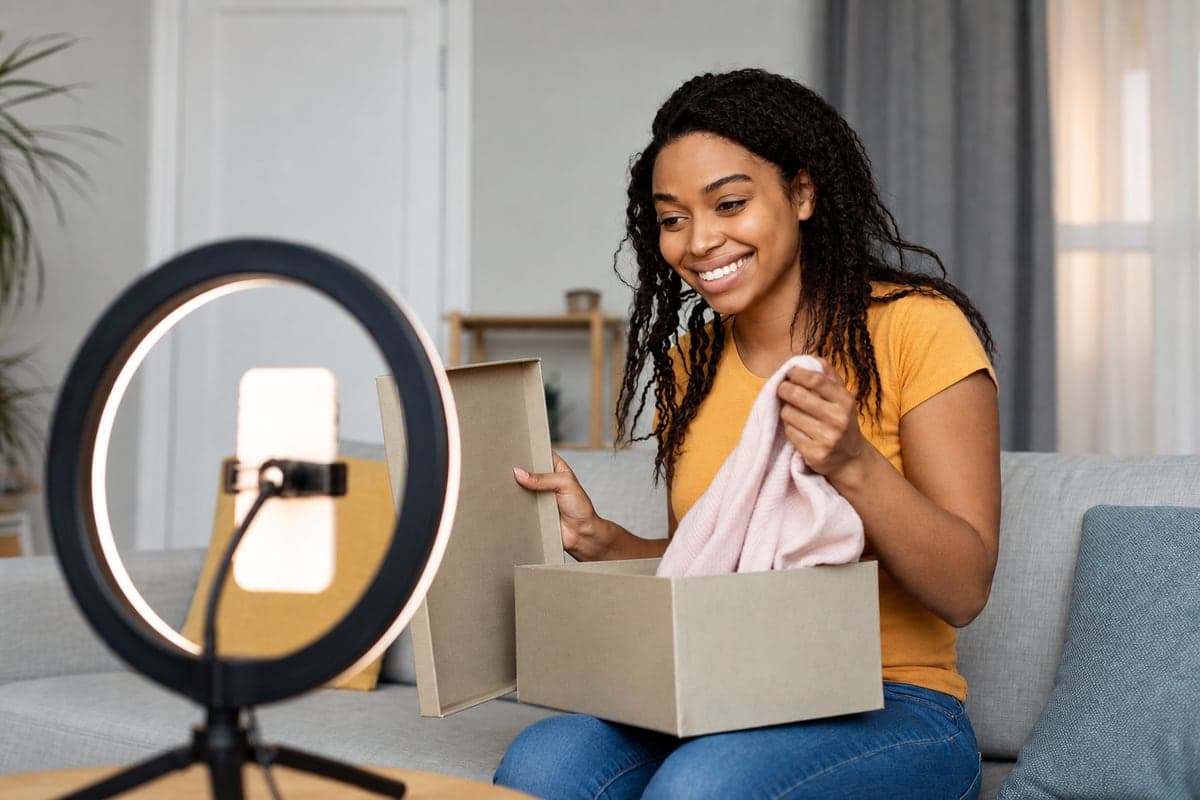 A creator recording an unboxing video with a ring light